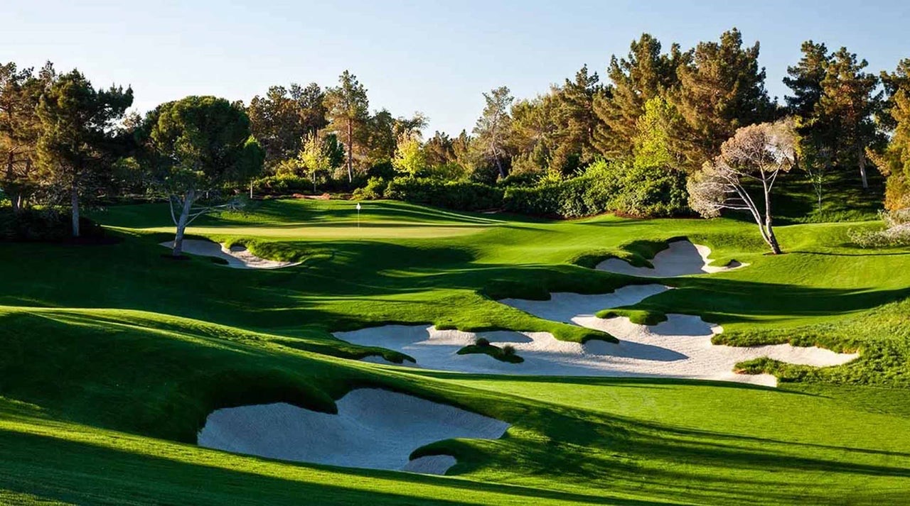 Pines and white bunkers at Shadow Creek