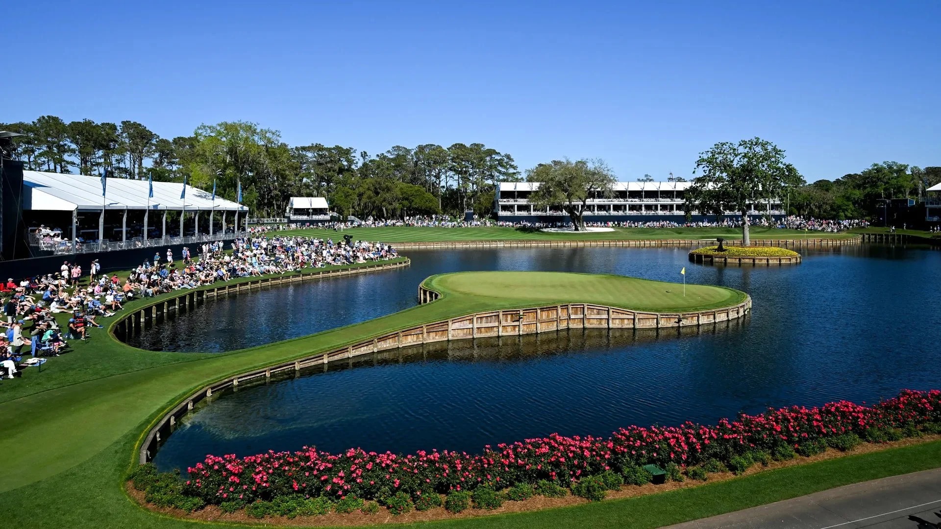 The island green on 17 at TPC Sawgrass, with grandstands